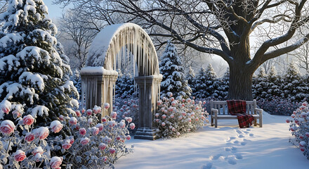 A tranquil winter landscape showcasing a snowy garden path with footprints, an icy stone arch, and frost-kissed rose bushes surrounding a solitary bench