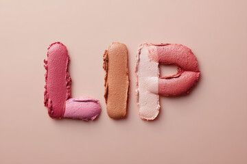 Smears of different shades of lipstick in the shape of the word "LIP". Shades of pink and nude are on a pink background.