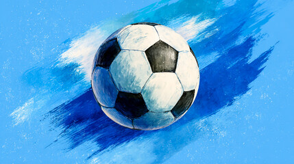 Fototapeta premium Soccer ball on a blue watercolor background, with brush paint strokes
