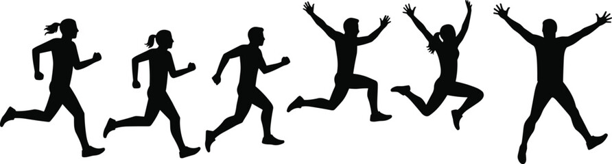 Silhouettes of six people running and jumping in various dynamic poses on a white background action