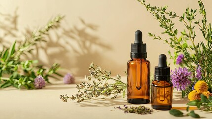 Essential Oil Bottles with Herbs and Flowers on Soft Tan Background with Reflections and Copy Space