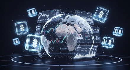 Digital earth globe surrounded by data screens and floating cube shaped logo icons on dark background ai generated
