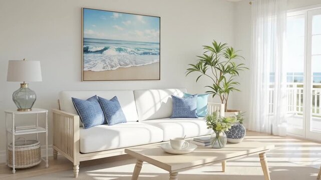 Bright and airy living room interior with coastal decor and beachy artwork, promoting relaxation