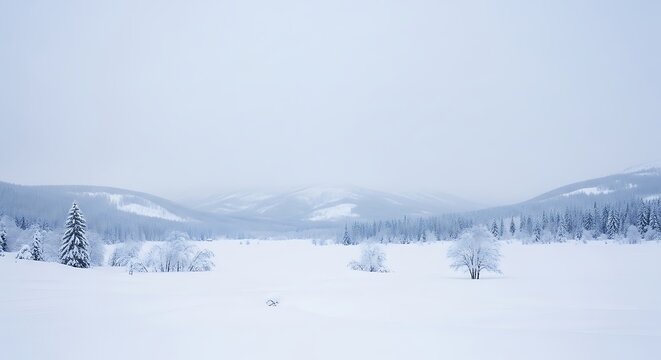 Snowy Landscape with Distant Mountains and Trees.