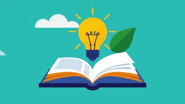 Open book with a light bulb and leaf symbolizing knowledge and sustainability