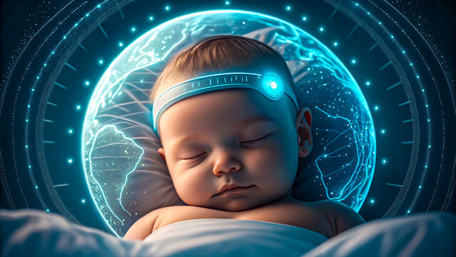 Dreaming baby with futuristic brain interface and glowing digital world around, future tech