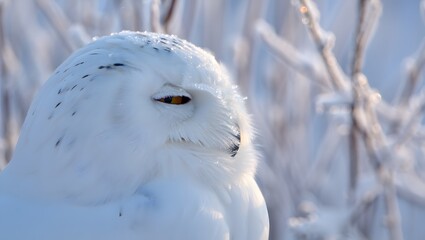 Snowy Owl Portrait: Serene Winter Wildlife Close-up,  Soft Light,  Arctic Beauty