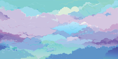 Abstract sky with pastel purple blue and green clouds and soft light vector illustration