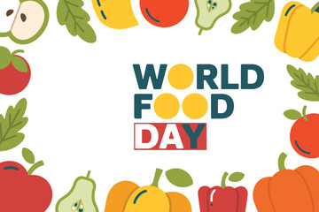 Colorful assortment of fresh fruits and vegetables framing "World Food Day" text