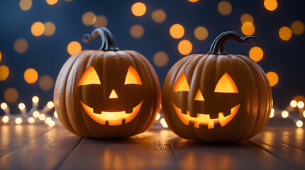 Fototapeta premium Halloween Jack-o’-Lanterns Poster – Glowing Pumpkins with Warm Autumn Lights