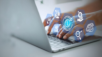 A business person using laptop with visual screen on investment concept, invest money, business and...
