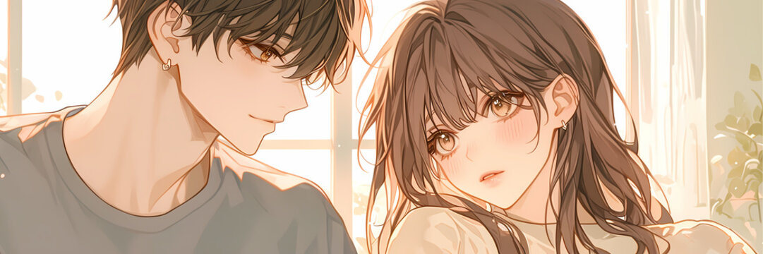 Naklejki K-Pop Romance Korean Manga Illustration of a Young Couple Hanging Out Banner