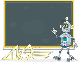 Cartoony robot writing with chalk on a class blackboard during a lesson in a school, vector cartoon illustration on a white background