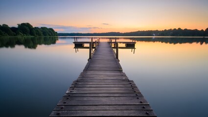 Naklejka premium Serene Sunset: Wooden Dock Extending into Calm Lake Waters at Golden Hour