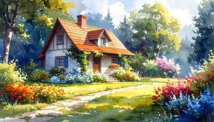 A Charming Watercolor Cottage Garden Scene