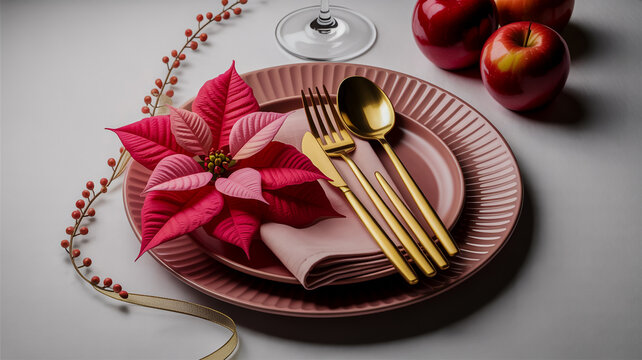 Elegant Table Setting with Pink Poinsettia, Gold Cutlery, and Red Apples flower