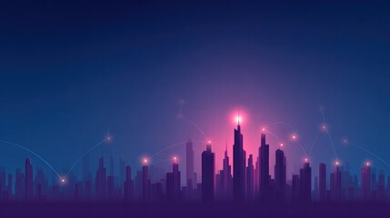 Futuristic city grid with illuminated connection points, blending purple and blue hues for a tech-inspired look.