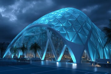 Futuristic architecture illuminates the night sky, a tennis court aglow, with structural elegance showcasing a luminous, modern resort featuring palm trees under a dark sky.