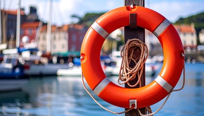 Orange life preserver at harbor