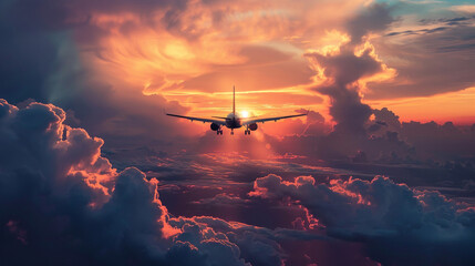 An airplane soars dramatically through a sky ablaze with orange and red clouds at sunset, symbolizing travel, adventure, and the breathtaking beauty of an evening journey.