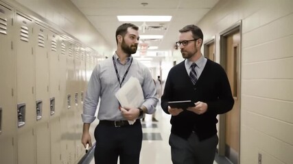handheld wide angle view of two male teachers who are walking from one class to another in the high school that they work at
