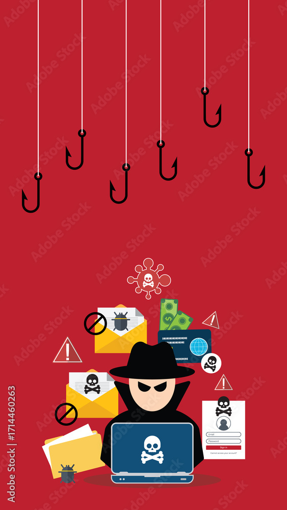 Poster hacker with laptop computer stealing confidential data, personal information and credit card detail.