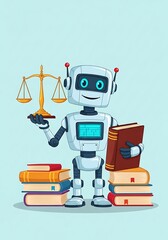 Obraz premium A friendly robot, holding a balance scale and a book, stands on a stack of colorful books, showcasing knowledge and justice.