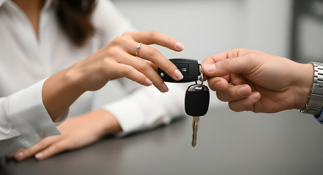 Saleswoman Handing Over Car Keys to Customer in Dealership