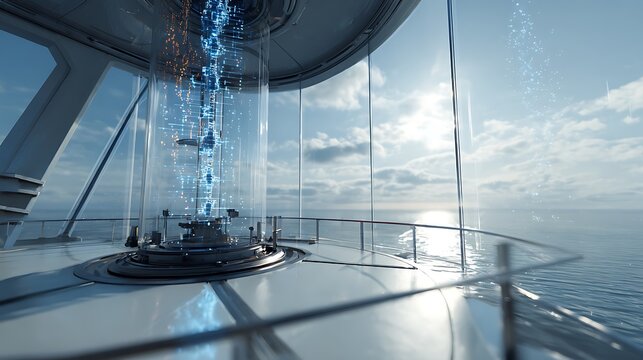 Futuristic data core on yacht with ocean view digital technology innovation ai data visualization concept - Powered by Adobe
