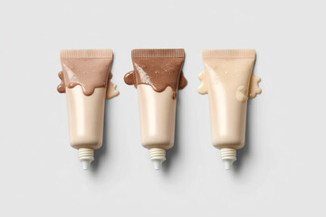 Trio of foundation tubes in diverse shades, showcasing a range of skin tones against a clean, white background. Inclusivity in beauty.