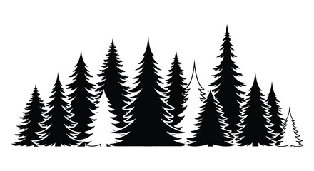 Obraz premium Black and white silhouette of pine trees in grouped formation, symbolizing wilderness, eco harmony, and outdoor calm.