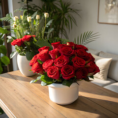 Bright red roses elegantly arranged in a white porcelain vase, symbolizing love, passion, and timeless beauty.