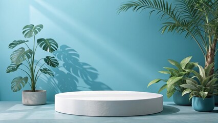 Obraz premium Empty white podium surrounded by lush green tropical plants and leaves