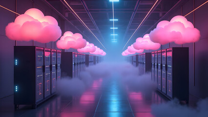 Pastel Neon Clouds Over Laser-Lit Server Arrays