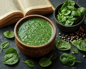 Healthy spinach soup, ingredients, and an old book