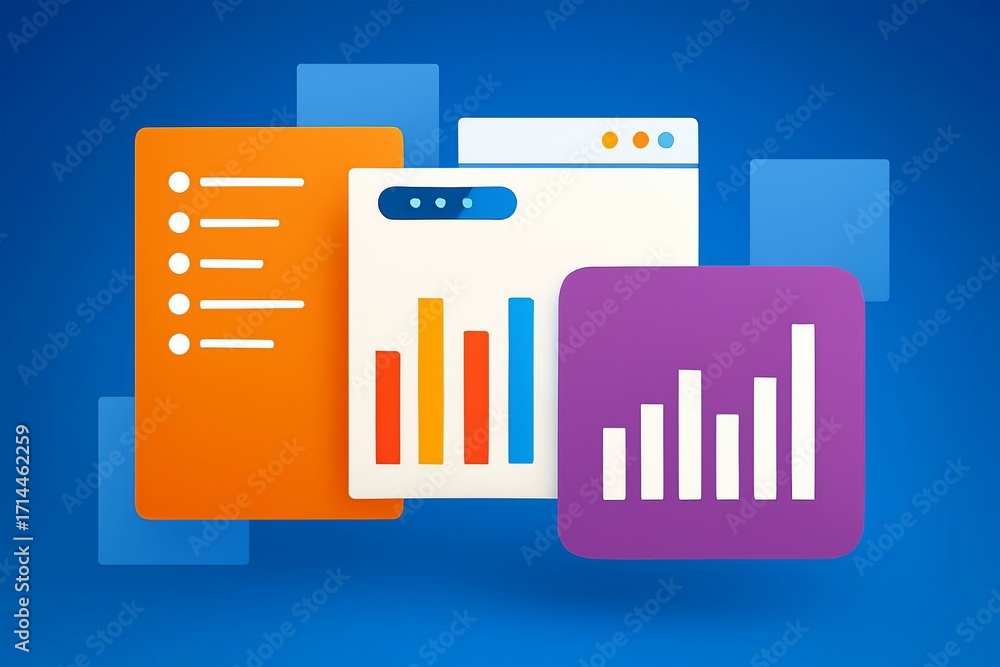 Poster modern digital interface displaying financial charts and data analysis on a blue background with ove
