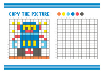 Copy the picture grid drawing worksheet for kids. Pixel art robot