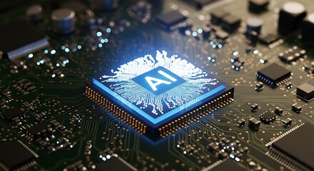 Modern AI microchip technology shining brightly on a circuit board for advanced tech applications