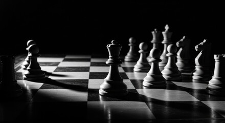 Intense Strategic Battle on a Chessboard with Dramatic Lighting and Shadows Creating a Compelling Mood