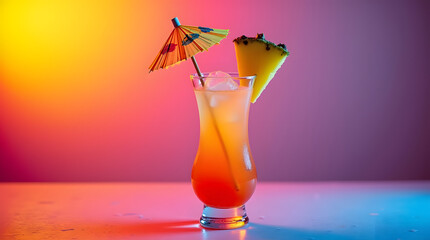 A tall, clear, slim cocktail glass filled with a refreshing drink, garnished with a vibrant yellow pineapple slice.
