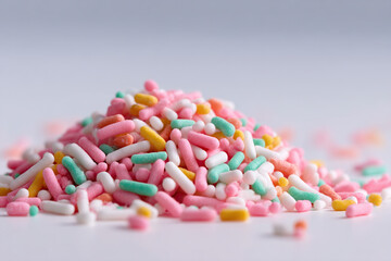 Pile of colorful sprinkles, primarily in pink, white, yellow and green.  Candy topping for desserts and baked goods. Party decoration.