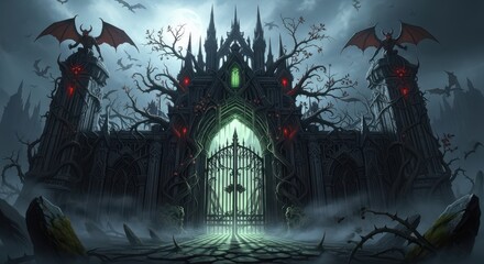 Enchanted Spooky Castle Entrance Gateway With Mystical Fog and Eerie Creatures