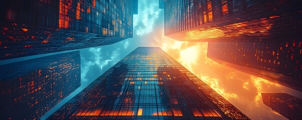 A dramatic worm s eye view of illuminated modern skyscrapers reaching towards a vibrant cloud filled sky at twilight evoking urban ambition
