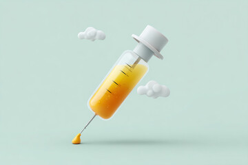 Conceptual rendering of a vaccine injection. The syringe is yellow and capped with a white top hat. Cloud decorations.