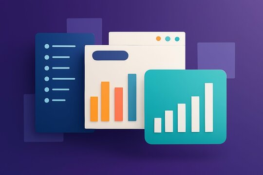 Modern 3d illustration of financial charts and graphs representing business growth and data analysis on a purple background