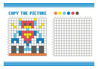 Copy the picture grid drawing worksheet for kids. Pixel art robot