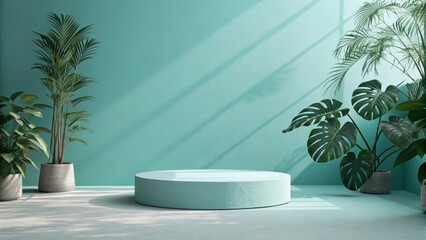 Turquoise studio with arch and plants on display pedestal