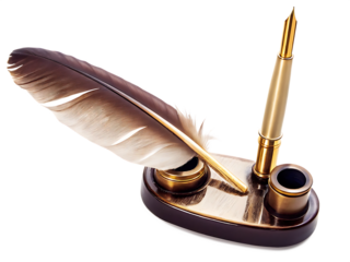 Antique quill pen and inkwell set isolated on white background