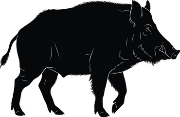Black and white vector silhouette of wild boar walking with detailed fur texture, tusks, and strong body, wildlife forest animal artwork