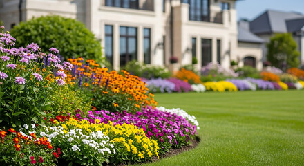 Obraz premium Colorful flowerbed in front of a large house with green lawn and well maintained landscaping seen ai generated